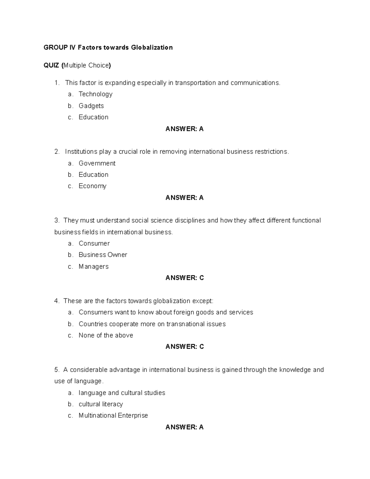 Letran - Finals Group IV IBT Activity QUIZ - GROUP IV Factors towards ...