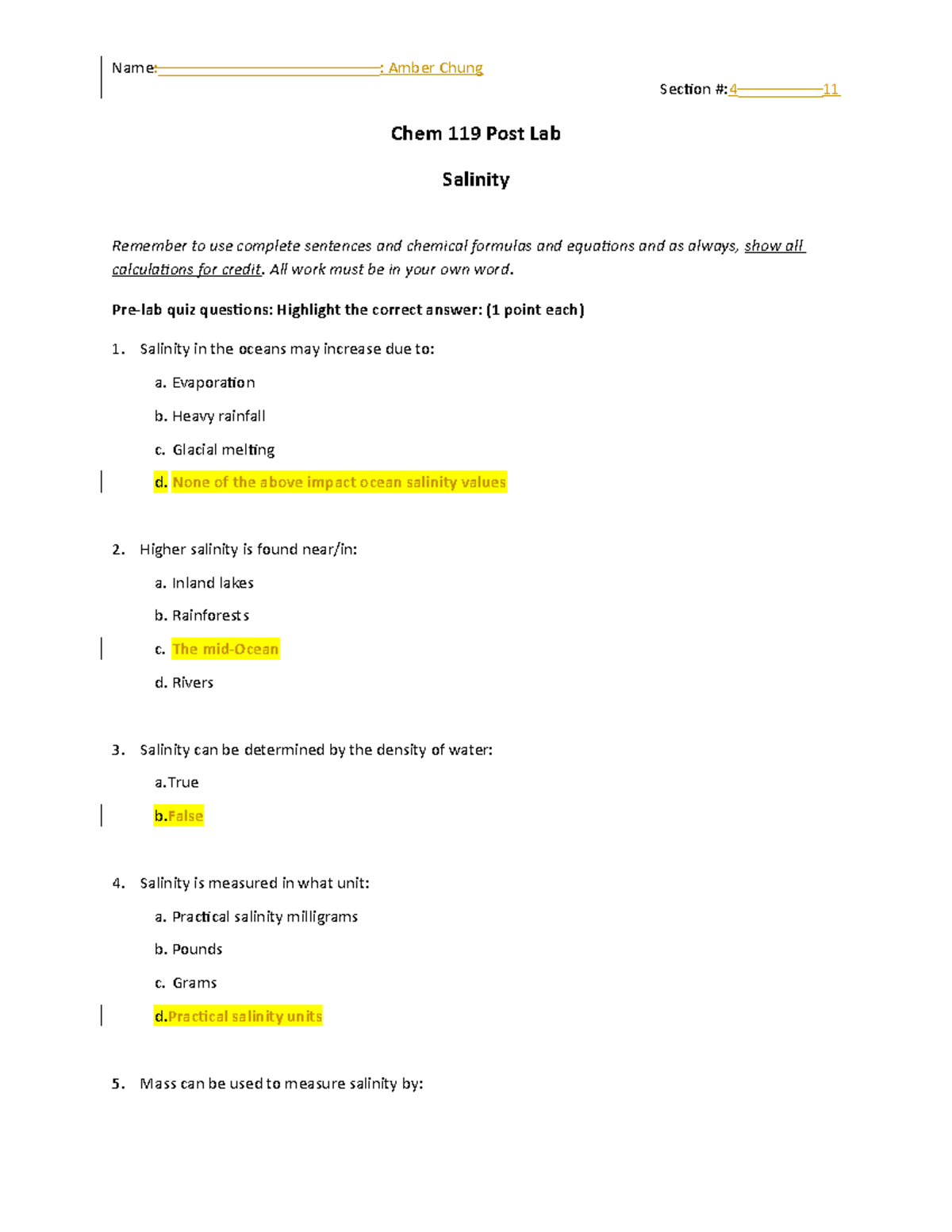 Post Lab Salinity Section 4 __________ 11 Chem 119 Post Lab