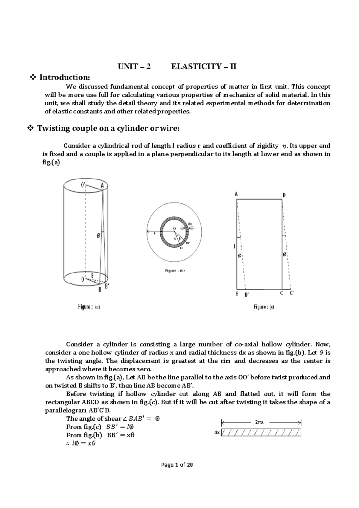 Twisting torque on a Cylinder or Wire UNIT 2 ELASTICITY II