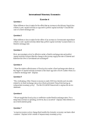 Solns Exercise 1 - ECON1085: Intl Monetary Economics tutorial solutions ...