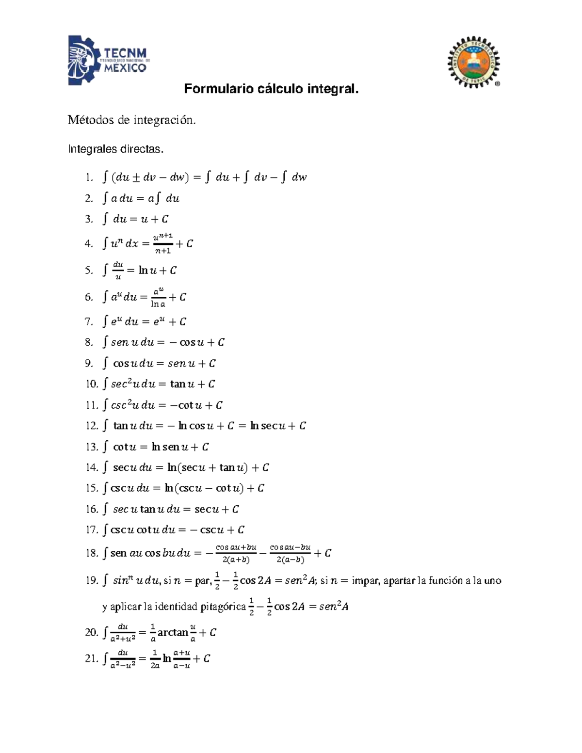 Formulario c lculo integral m todos de integraci n integrales