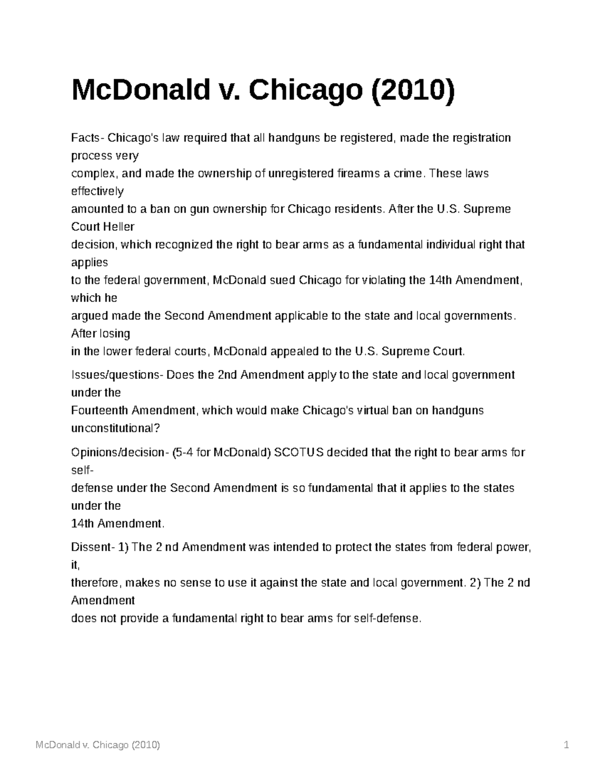 Mc Donald V - Study Guide - McDonald V. Chicago (2010) 1 McDonald V ...