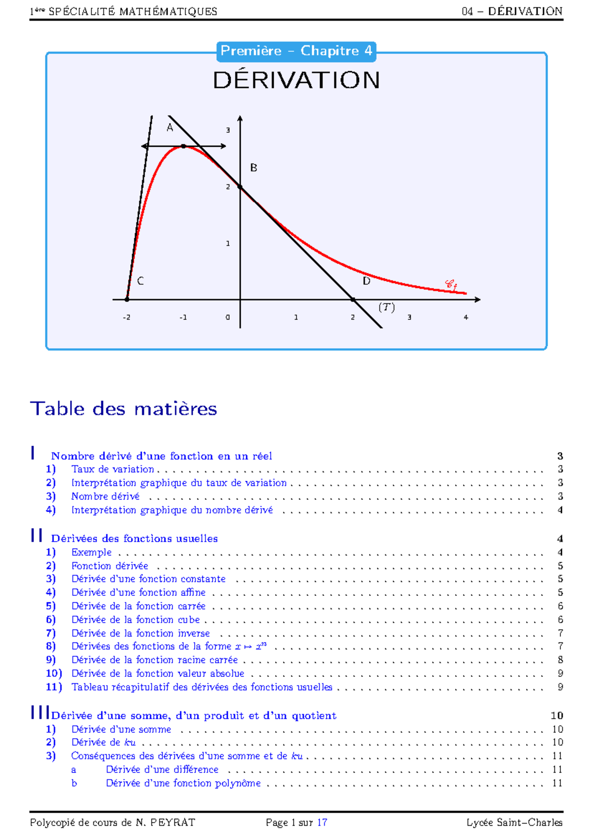 1S 04 Derivation cours - DÉRIVATION A B C D (T ) -2 -1 - Première − ...