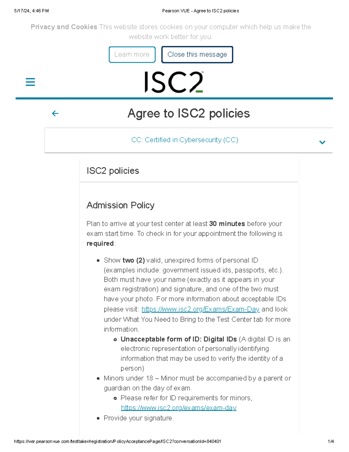 Pearson VUE Agree to ISC2 policies Privacy and Cookies This website