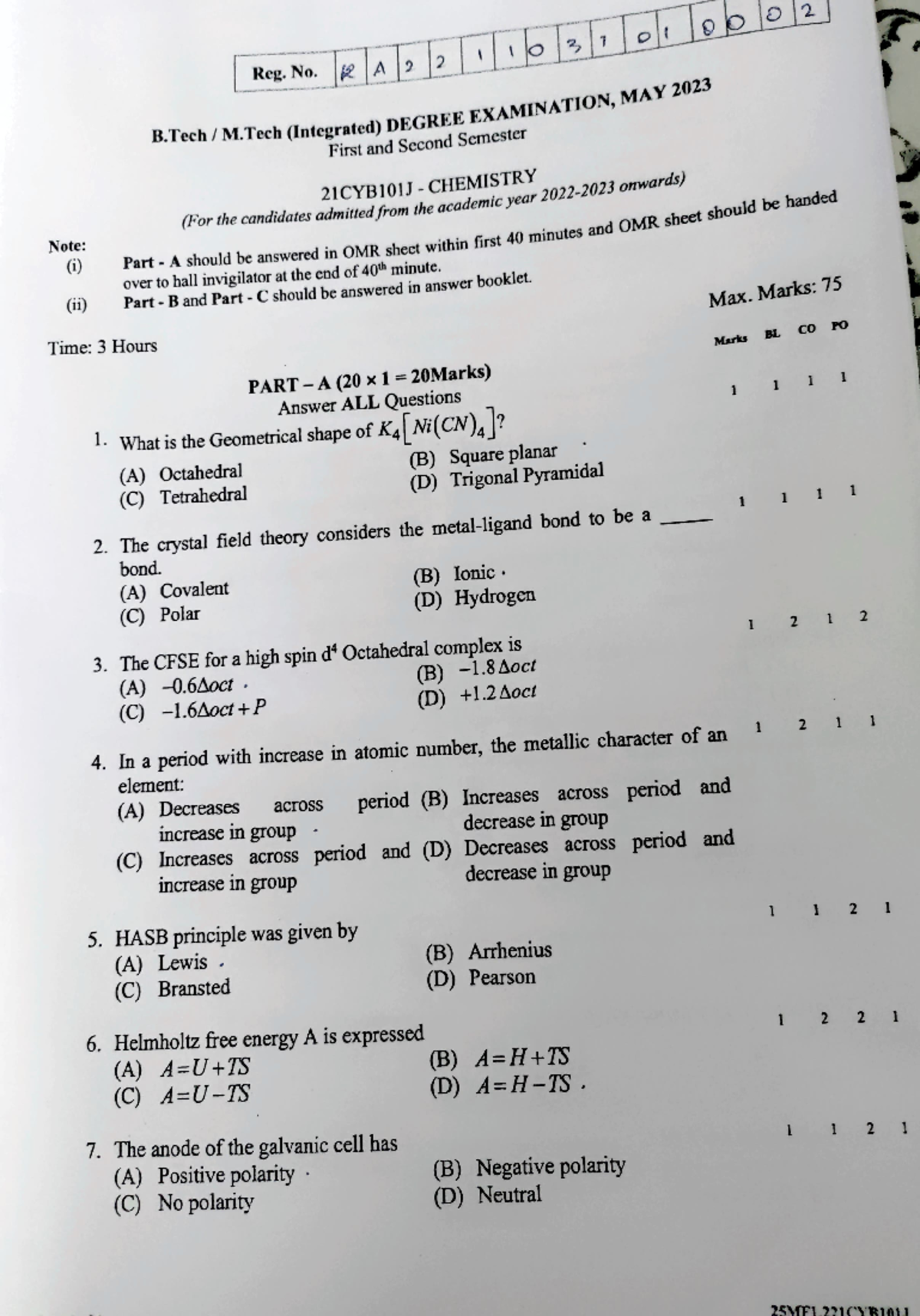 21CYB101J May 2023 - PYQ - Note: (i) (ii) B / M (Integrated) ) DEGREE ...