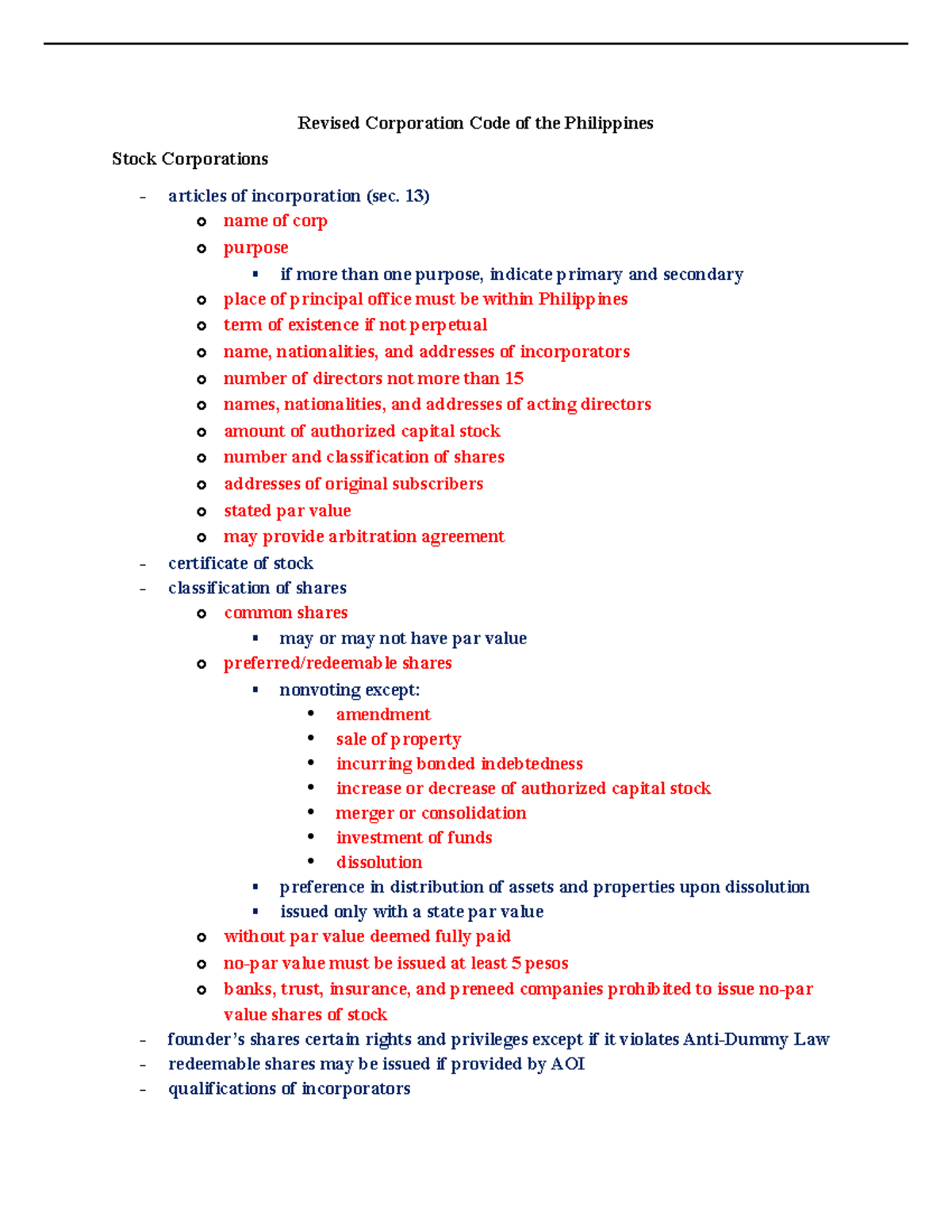 Revised Corporation Code of the Philippines Summary Incomplete ...