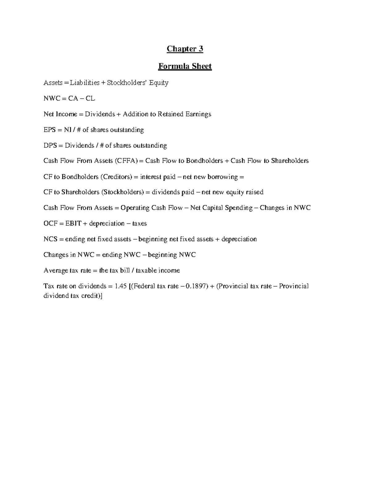 Ch 3 Formula Sheet - Chapter 3 Formula Sheet Assets = Liabilities ...