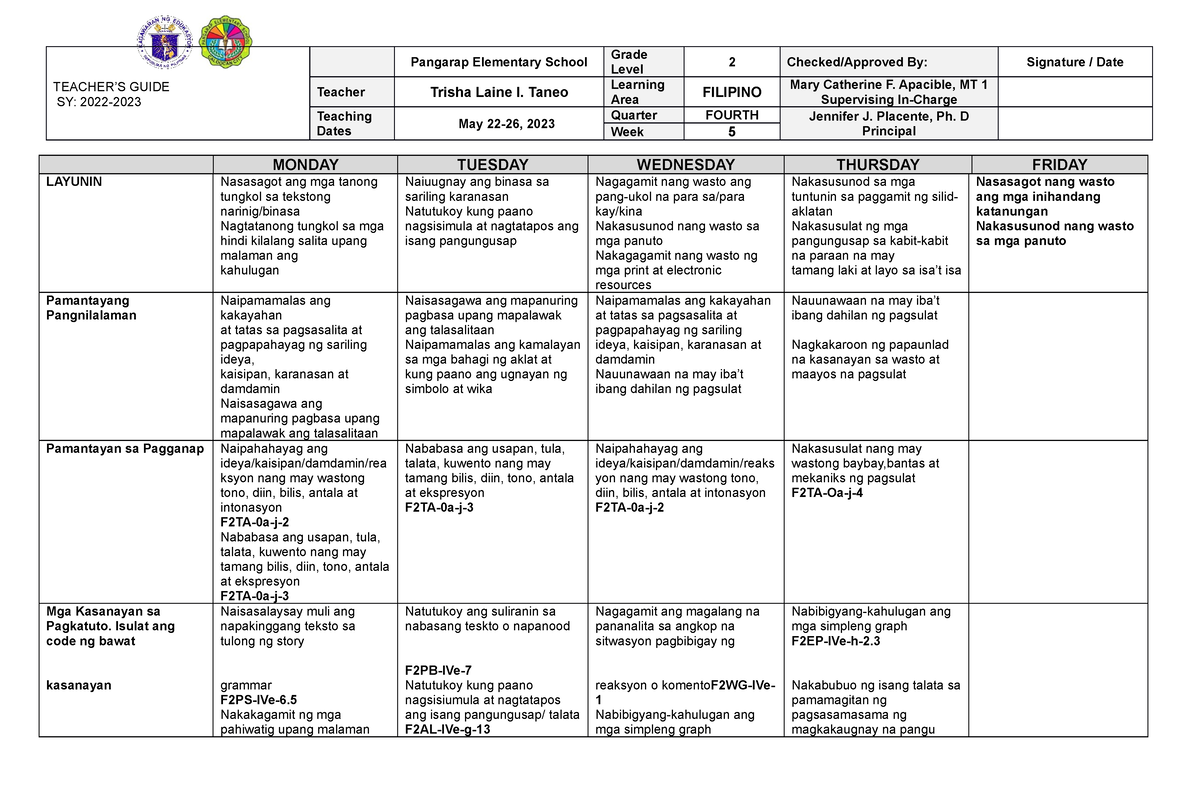 Grade 2 DLL Filipino 2 Q4 Week 5 - TEACHER’S GUIDE SY: 2022- Pangarap ...