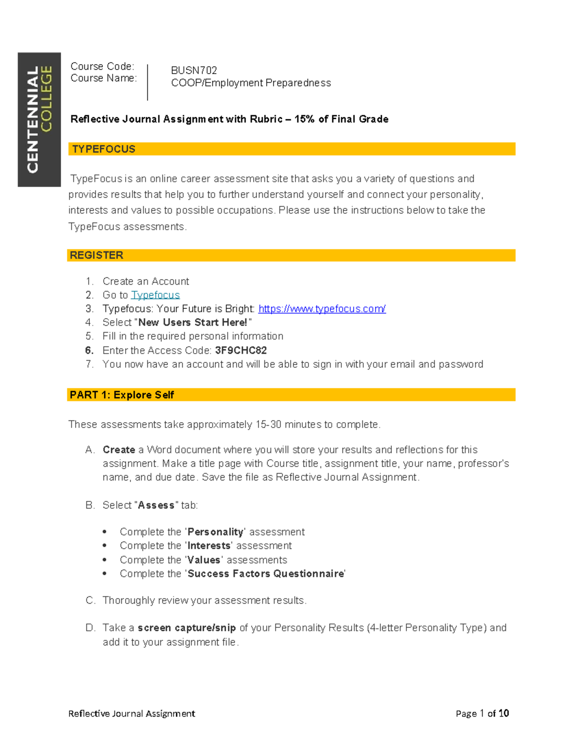 Reflective Journal Assignment S23 - Course Code: Course Name: BUSN COOP ...