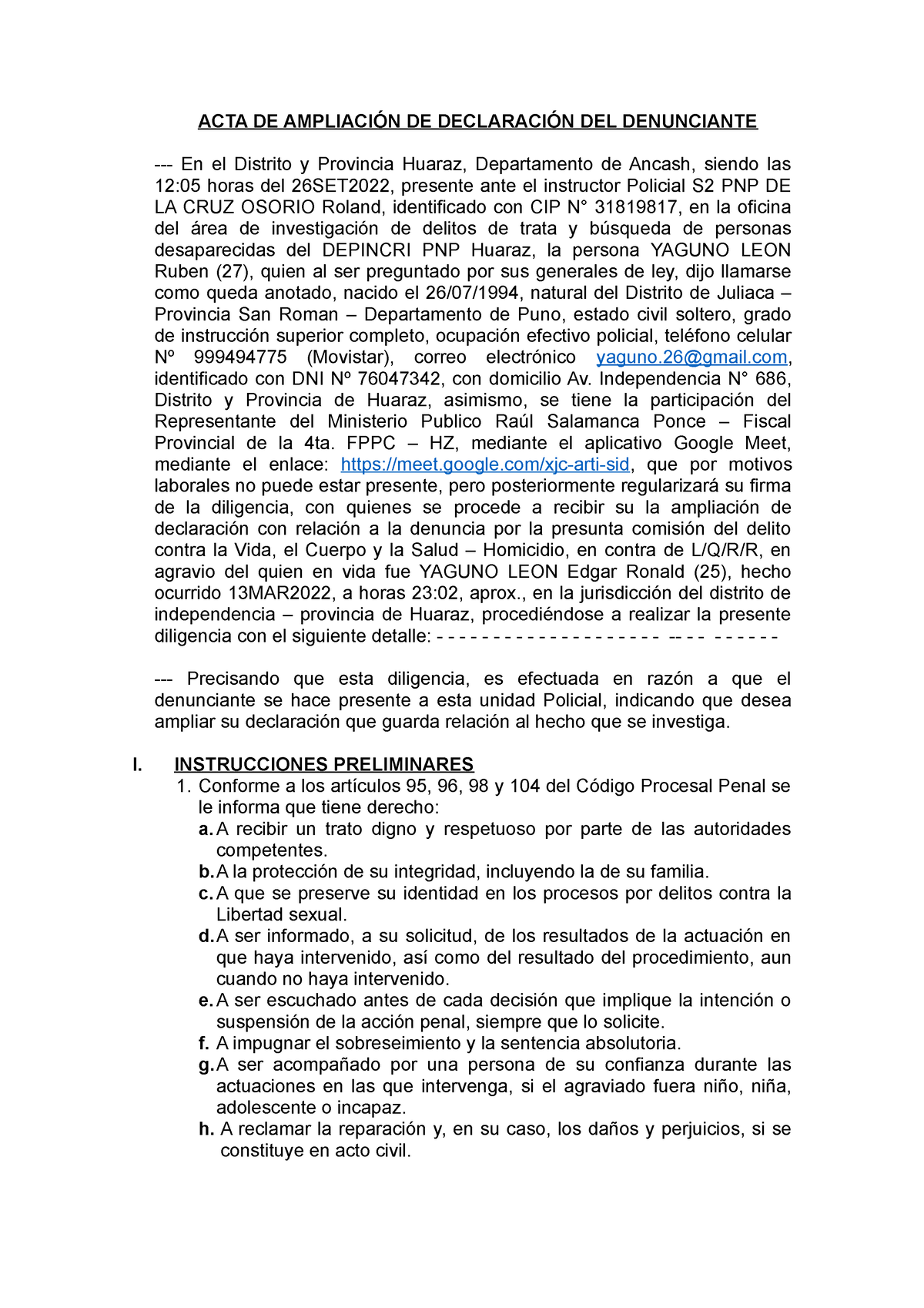 ACTA DE Ampliación DE Declaración DEL Denunciante Ruben Yaguno - ACTA ...