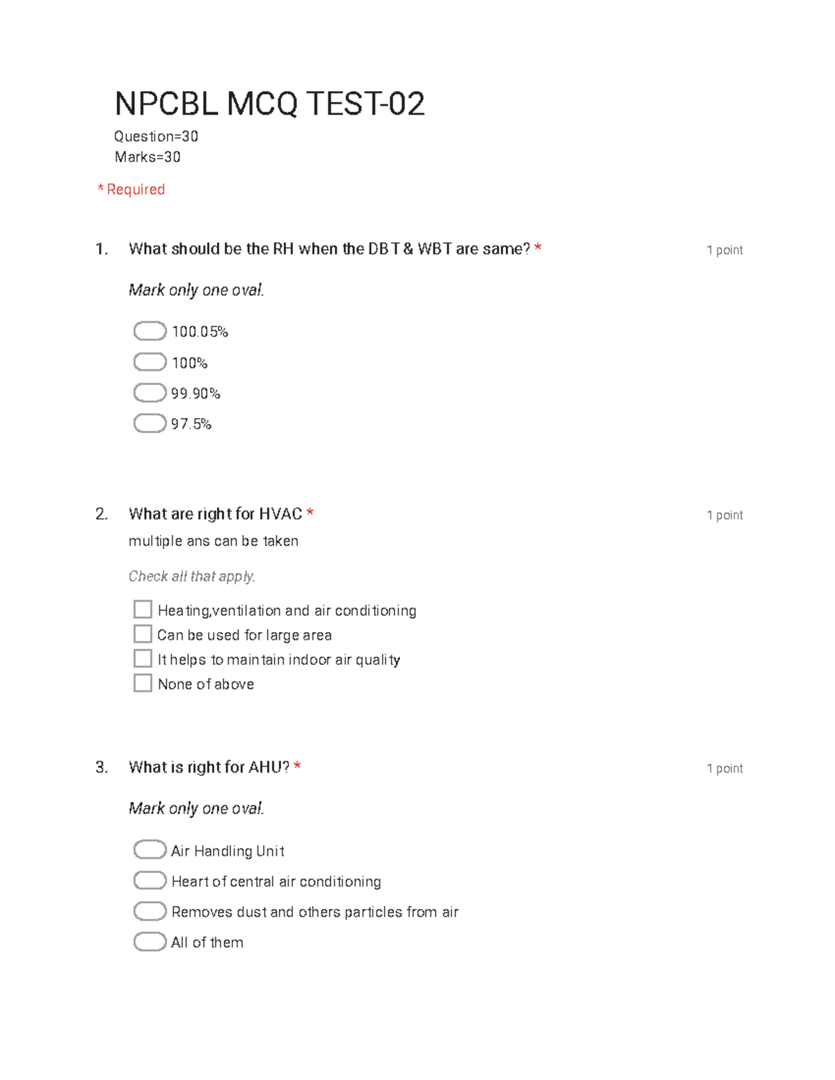Npcbl MCQ TEST02 Practice MCQ type 1. 1 point Mark only one oval