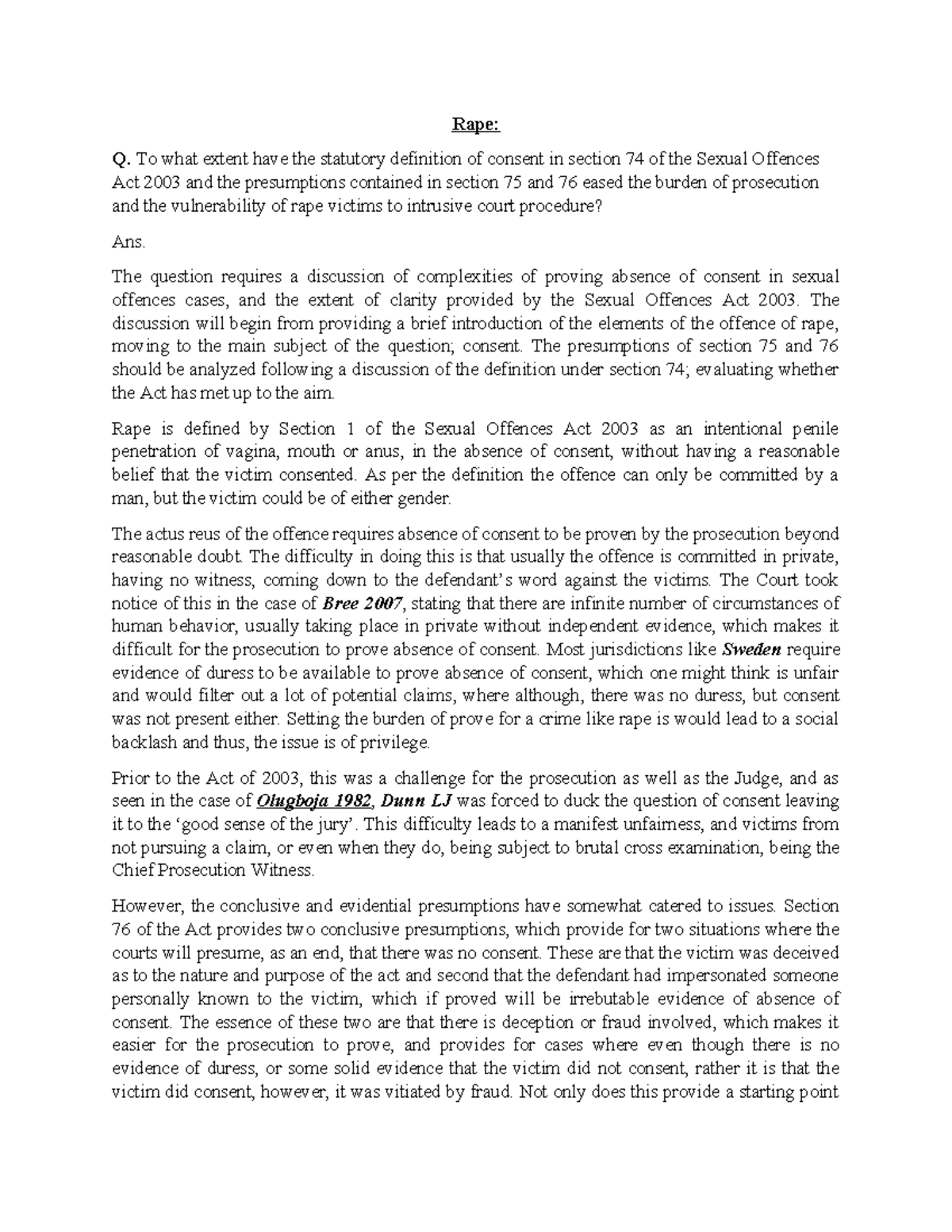 Rape (Consent essay) 2017 ZA Q3 - Rape: Q. To what extent have the ...