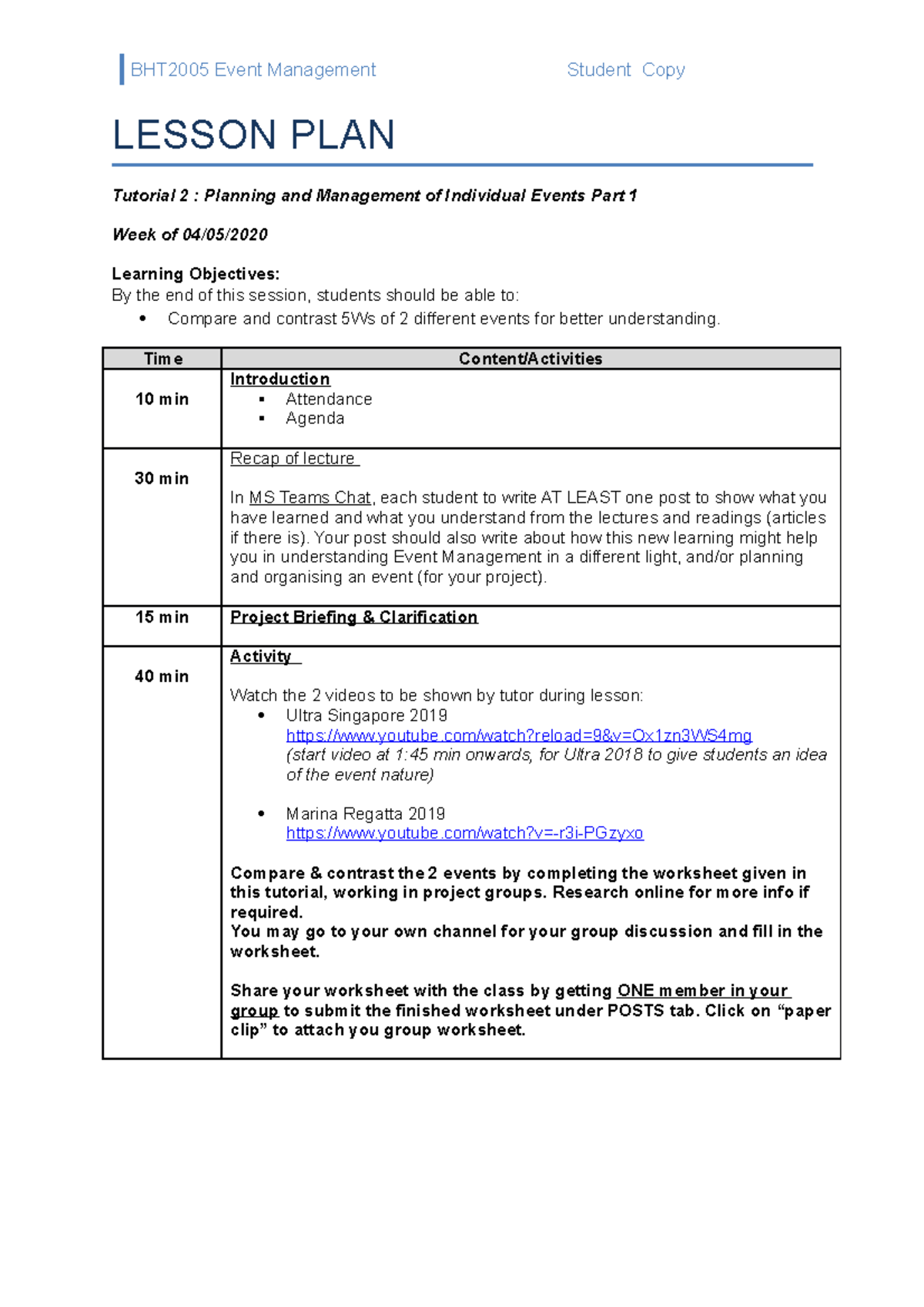 Tutorial 2 -Student notes - LESSON PLAN Tutorial 2 : Planning and ...