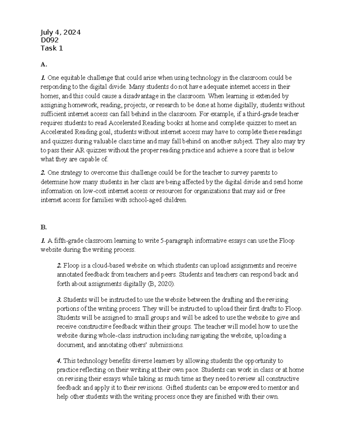 D092 task 1 - passed - July 4, 2024 D Task 1 A. One equitable challenge ...