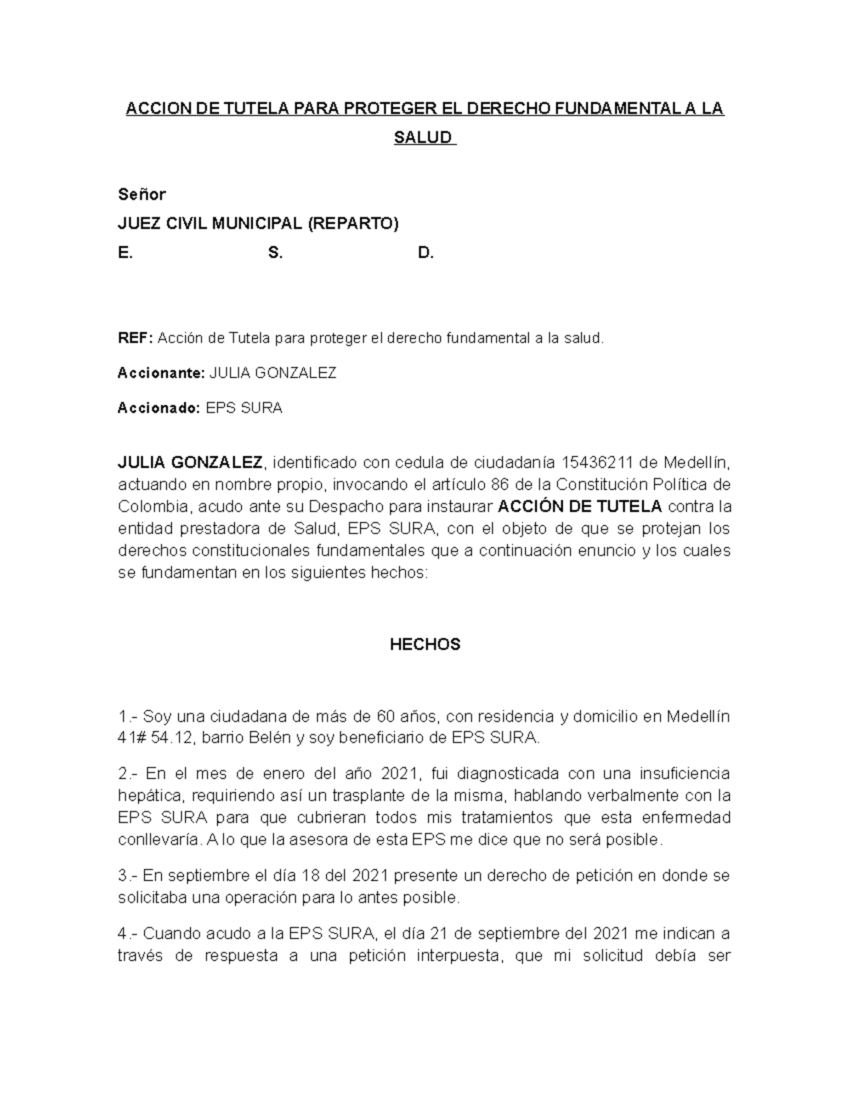 Accion DE Tutela PARA Proteger EL Derecho Fundamental A LA Salud ...