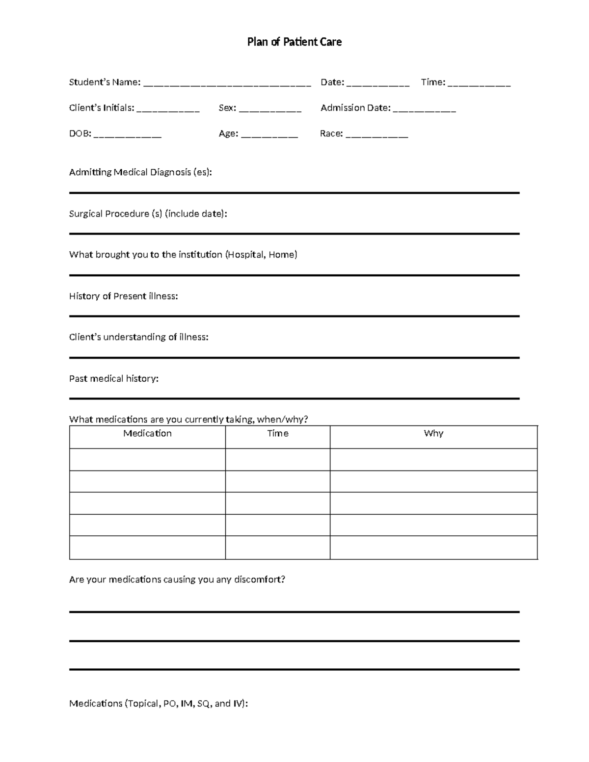 Care Plan Template - Plan of Patient Care Student’s Name