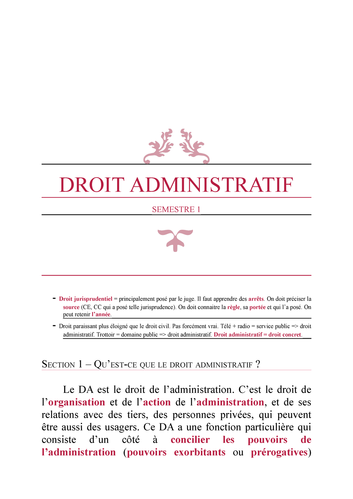 Administratif 1 - CM - Fransa Idari - DROIT ADMINISTRATIF SEMESTRE 1 ...