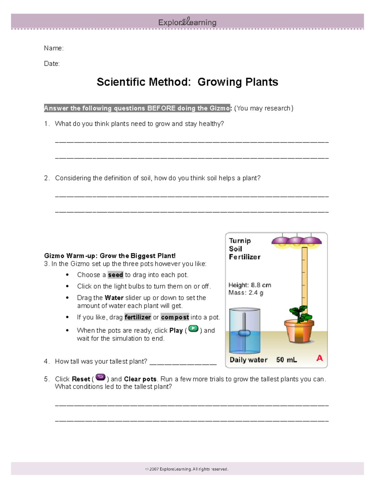 Gizmo Scientific Method Name Date Scientific Method Growing Plants