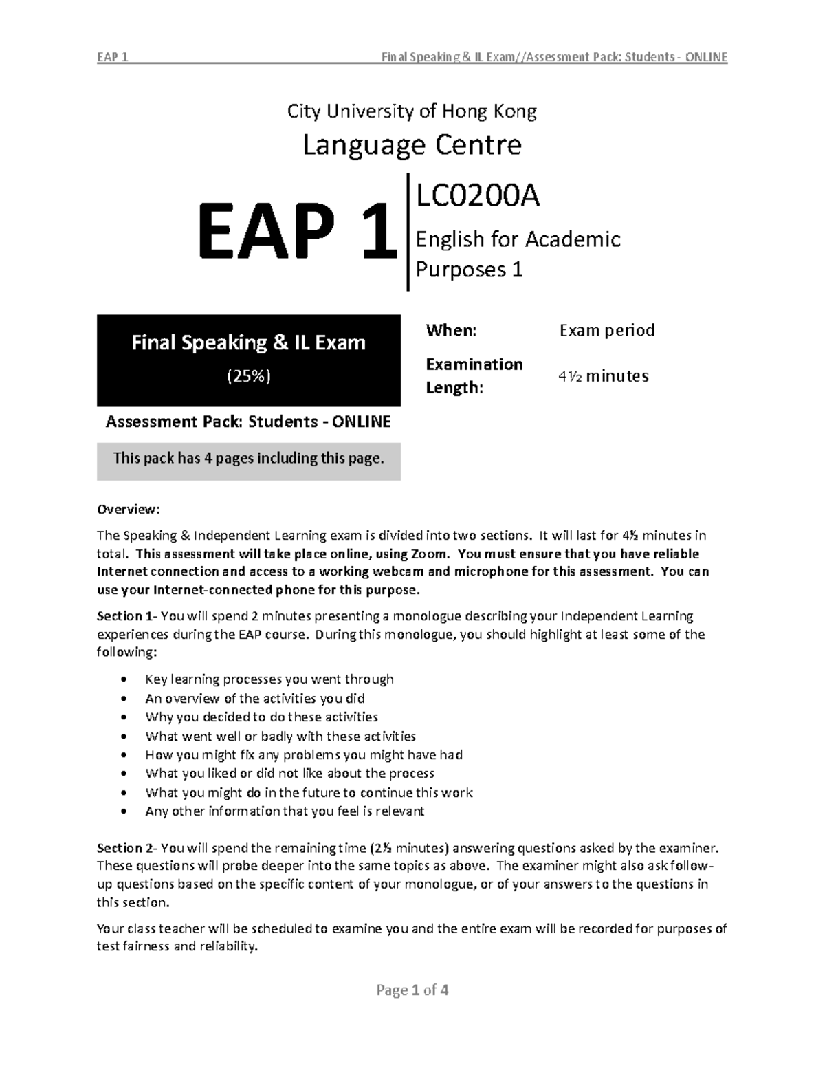 EAP 1 - Final Speaking IL Exam - Assessment Pack Students - Sem A 2021 ...