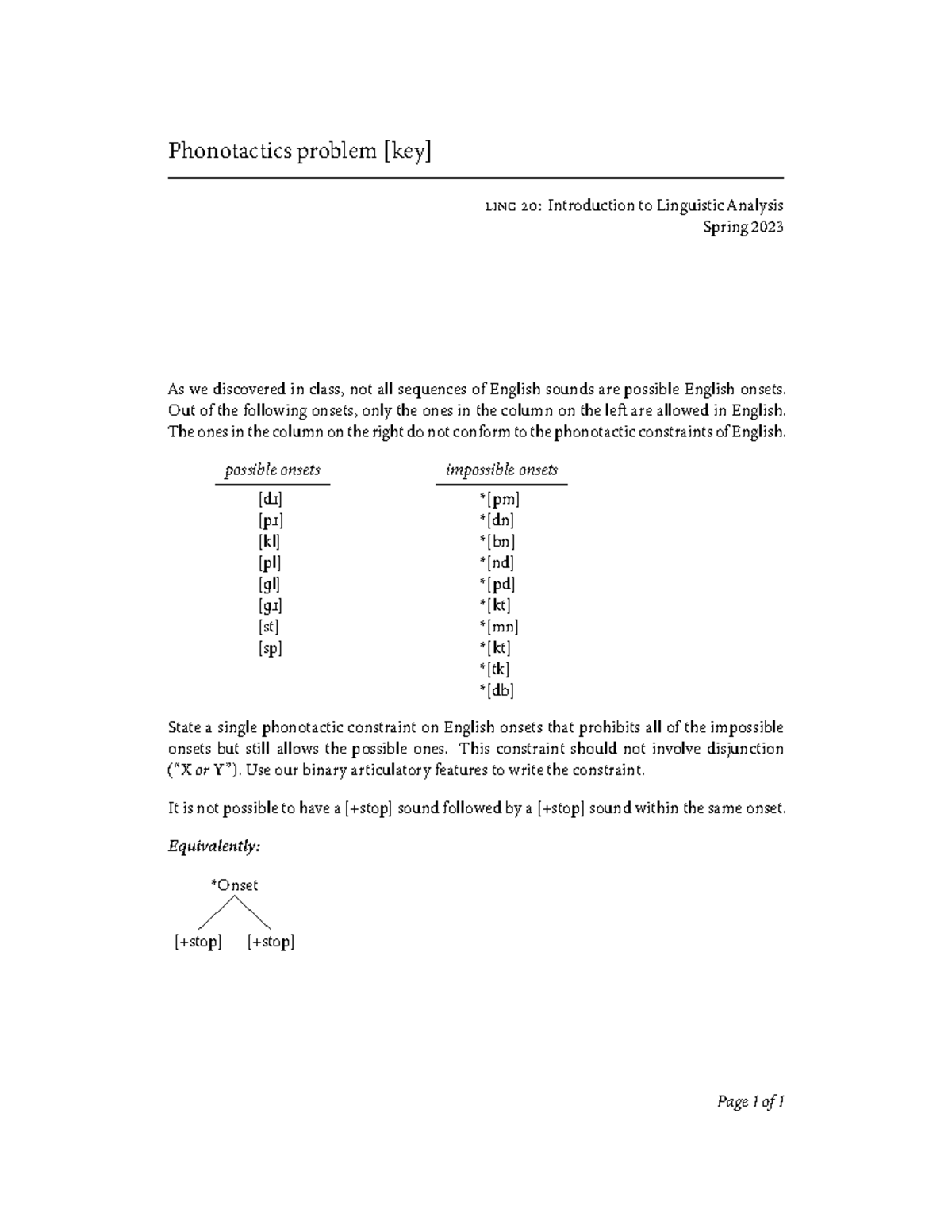 Onset-key - homework key - Phonotactics problem [key] LING 20 ...