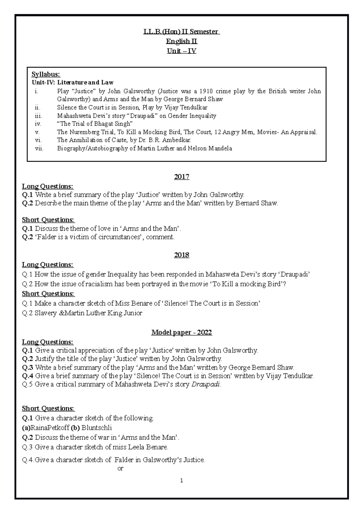 English II UnitIV Practice LL.(Hon) II Semester English II Unit