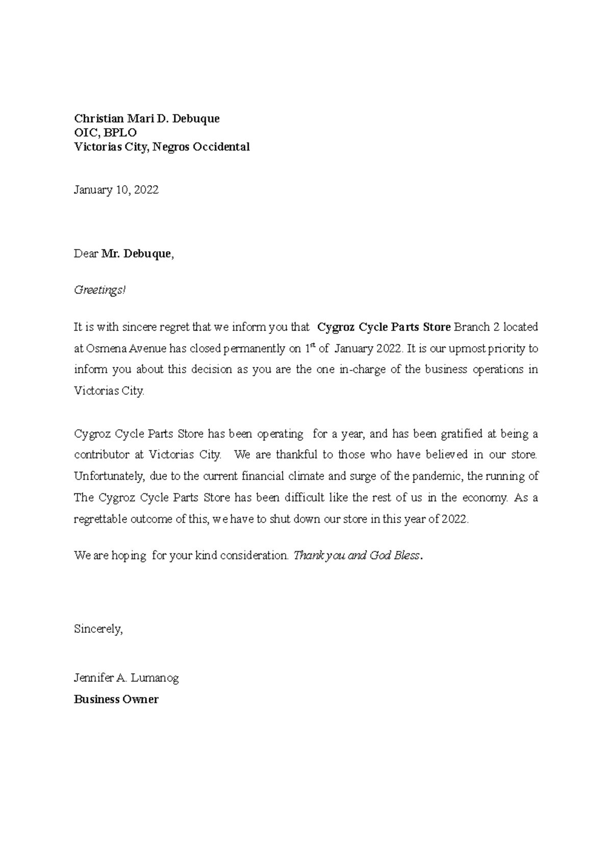 Sample Business Closing Letter - Christian Mari D. Debuque OIC, BPLO ...