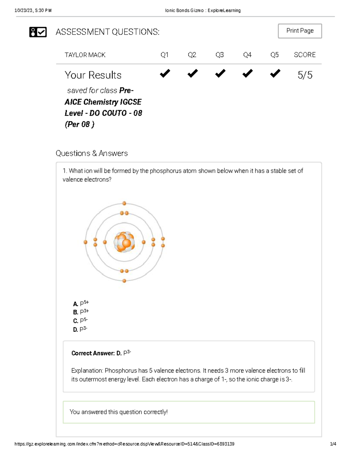 Ionic Bonds Gizmo Explore Learning ASSESSMENT QUESTIONS Print Page