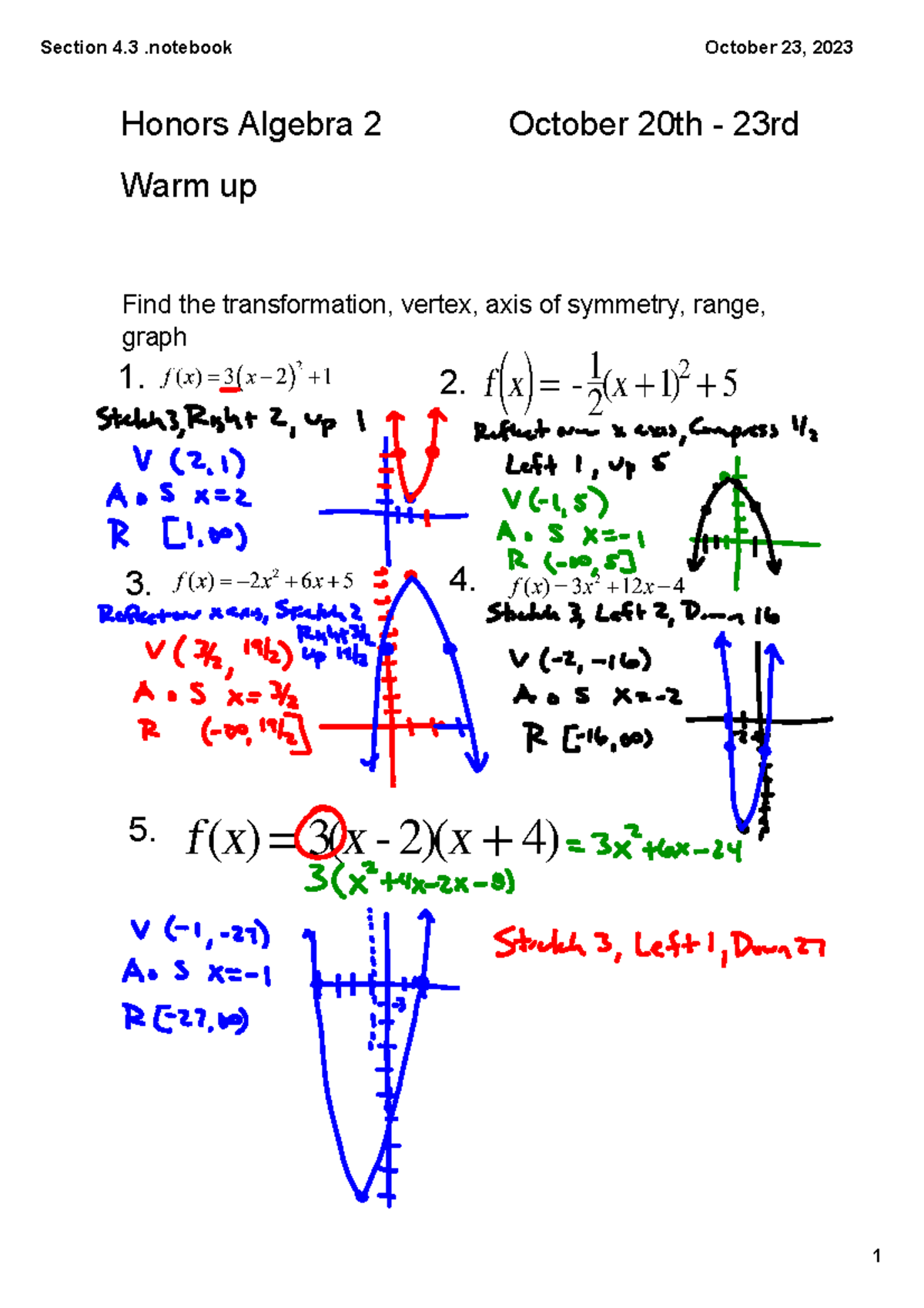 Section+4 - Section+4 - Honors Algebra 2 October 20th 23rd Warm up Find ...
