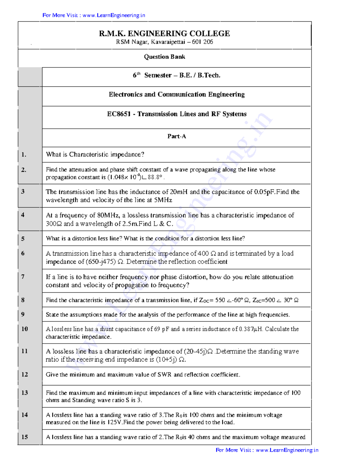 EC8651Transmission Lines and RF Systems QP By www R.M