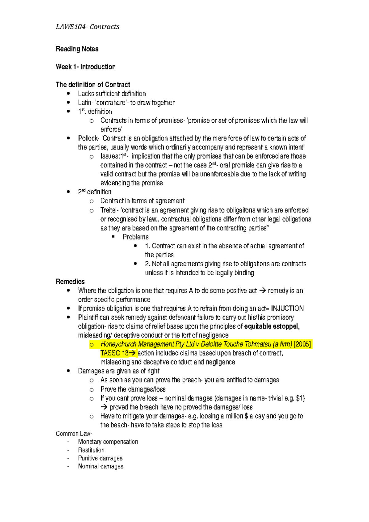 Reading Notes - LAWS104- Contracts Reading Notes Week 1- Introduction ...