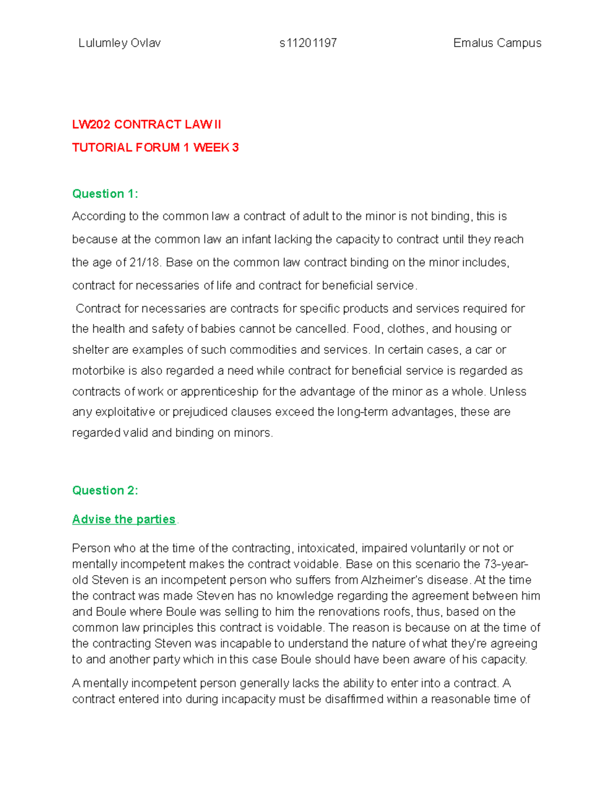 Week 3 tutorial - Lulumley Ovlav s11201197 Emalus Campus LW202 CONTRACT ...