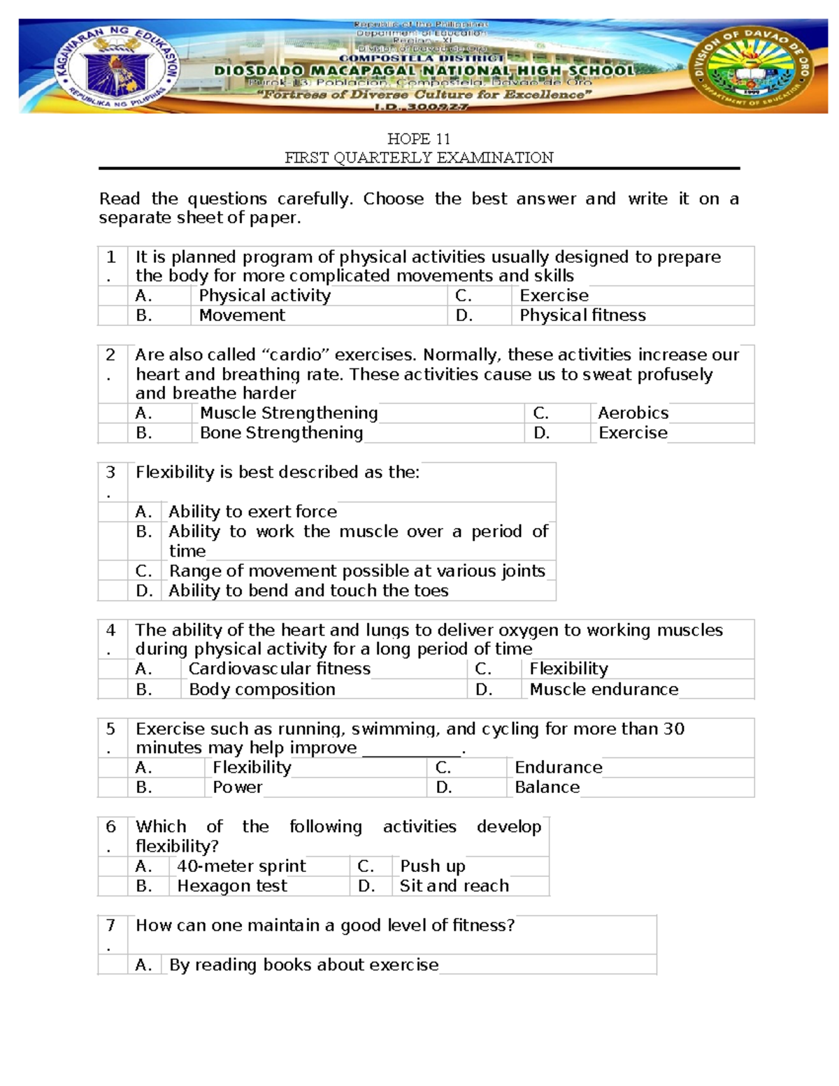 1ST QUARTER ASSESSMENT ON PHYSICAL EDUCATION 11 - HOPE 11 FIRST ...