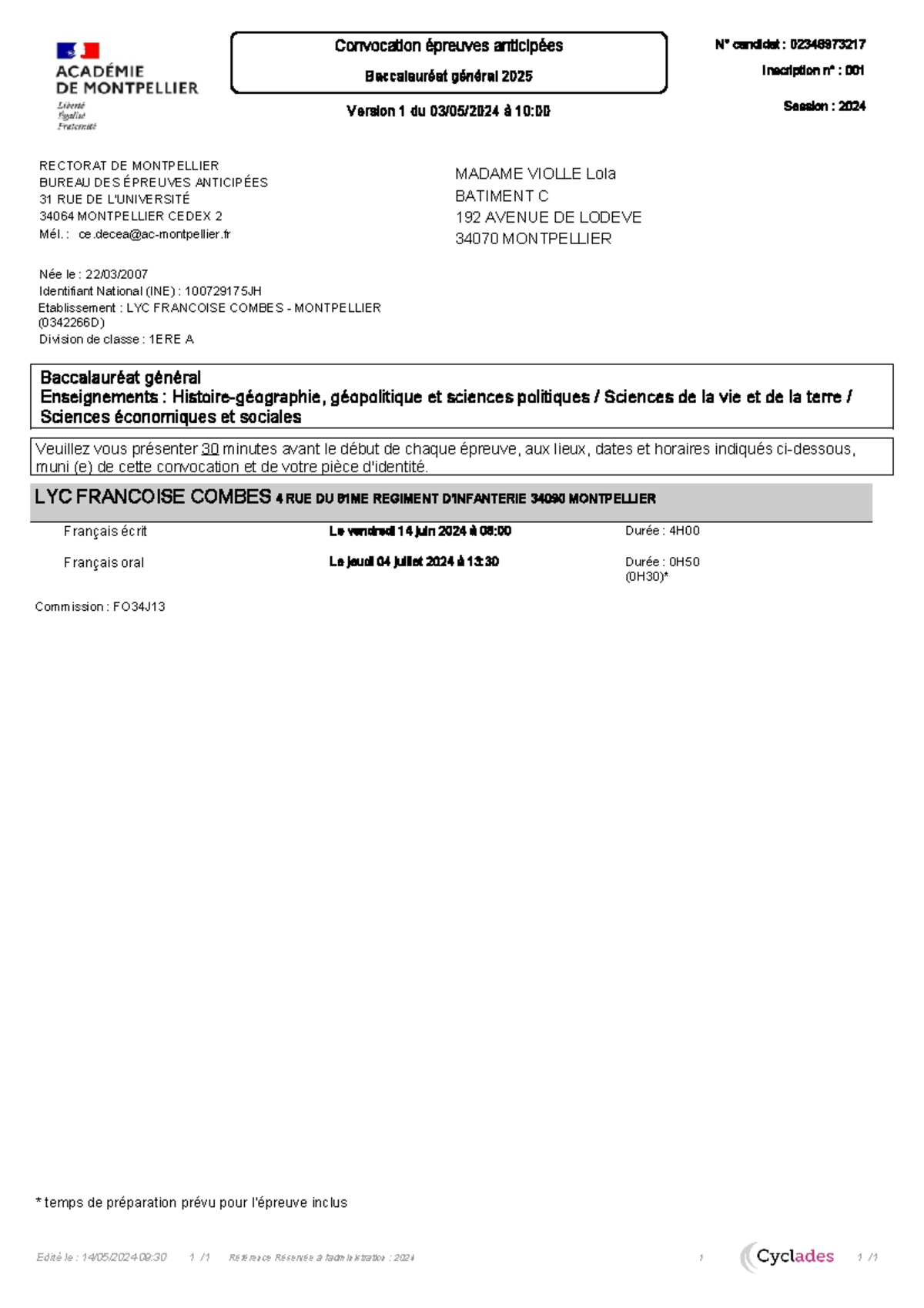234897321700001 Convocation avec epreuves V1 20240503 3 - Edité le : 14 ...