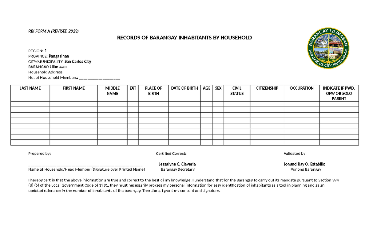 RBI FORM Clear Template - RBI FORM A (REVISED 2023) RECORDS OF BARANGAY ...