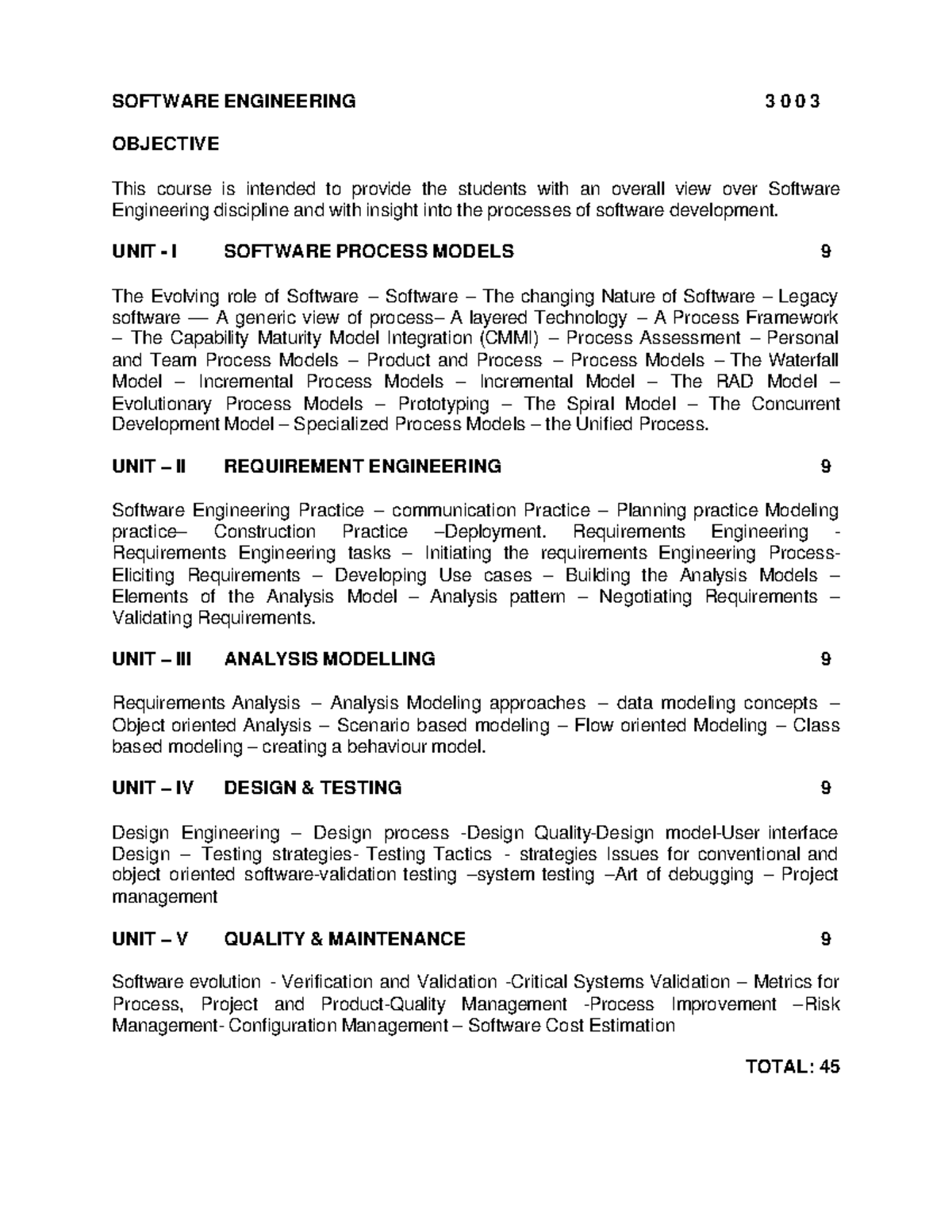 Software engineering software engineering 3 0 0 3 objective this