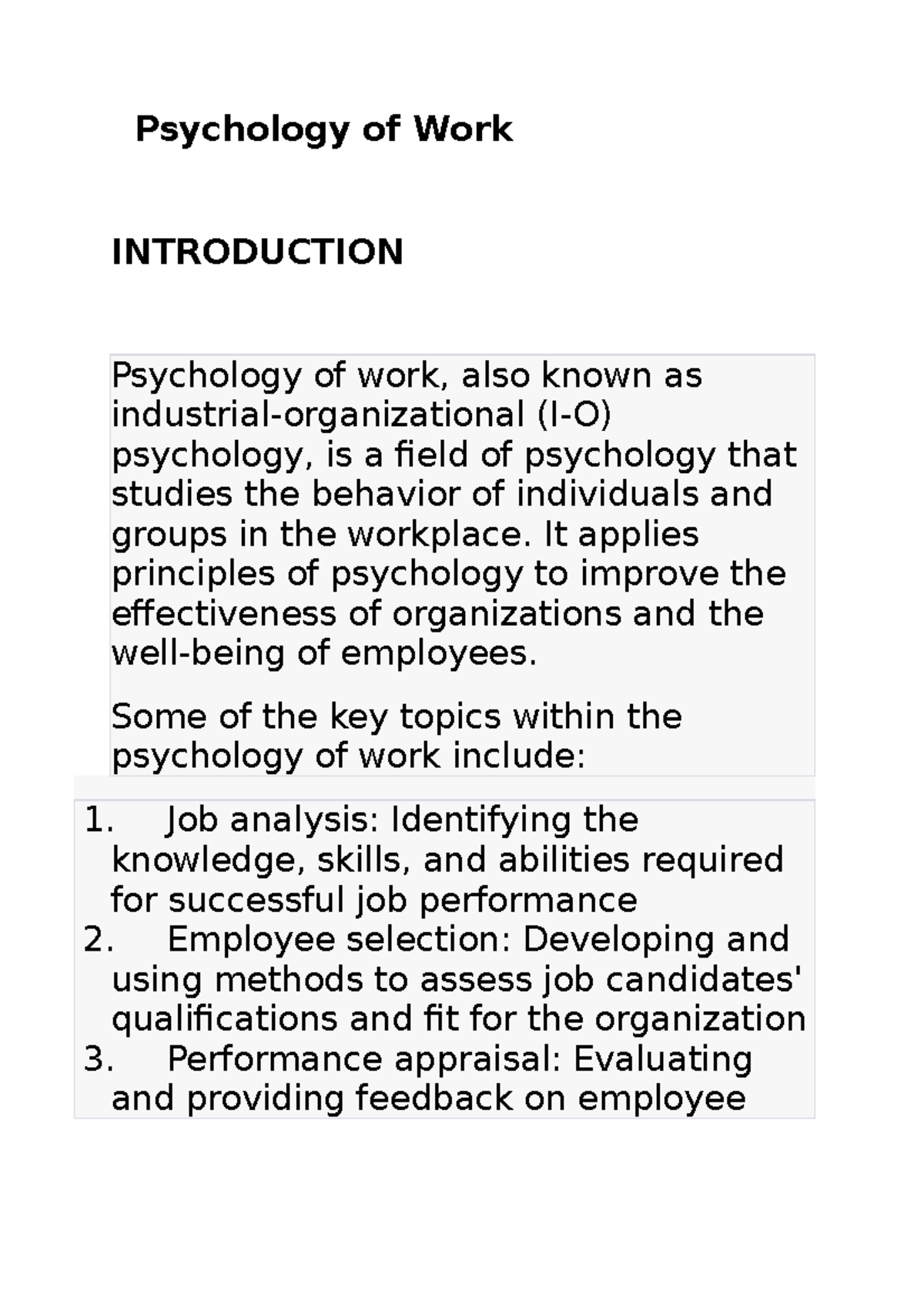 Psychology Of Work VOL 7 - Psychology Of Work INTRODUCTION Psychology ...