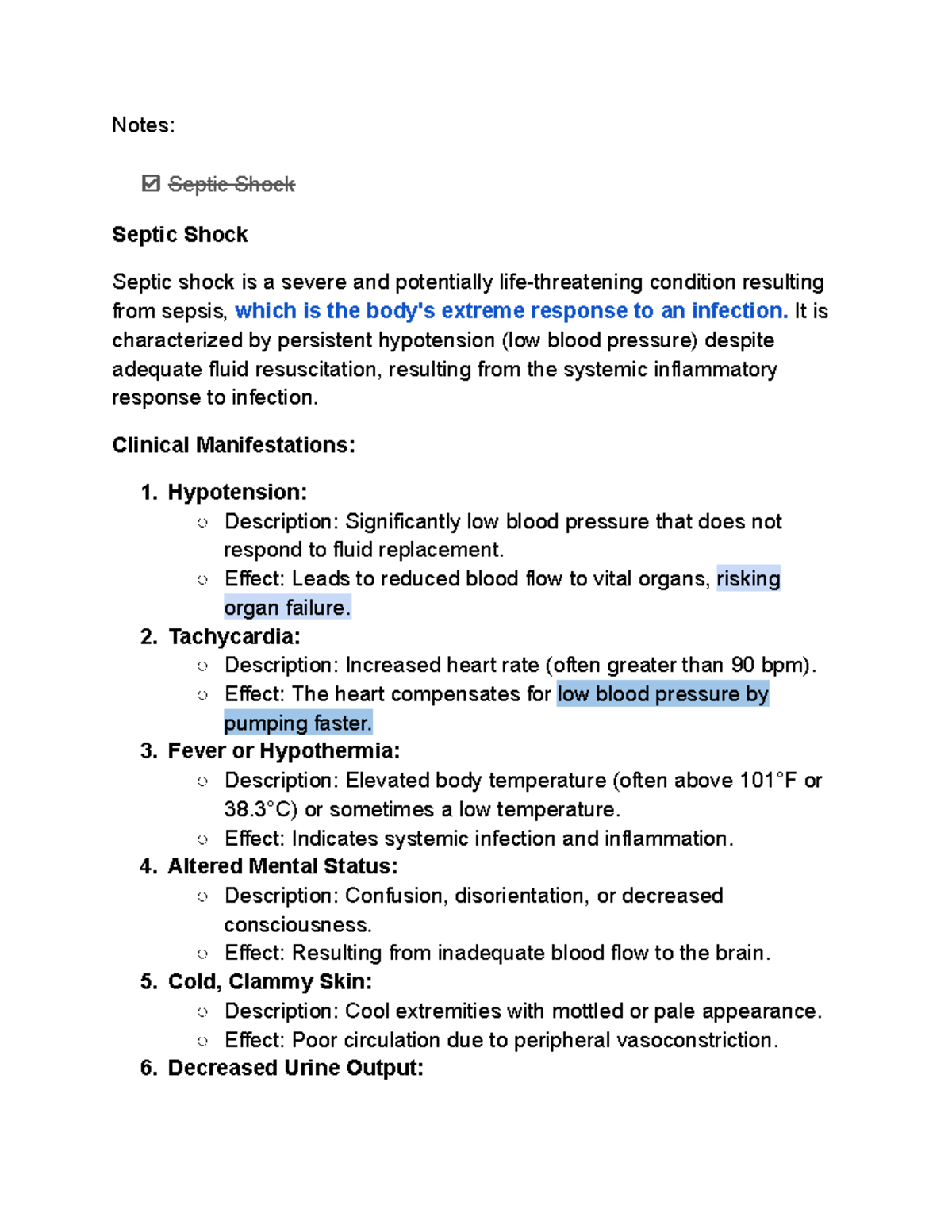Patho exam 2 notes - n/a - Notes: Septic Shock Septic Shock Septic ...