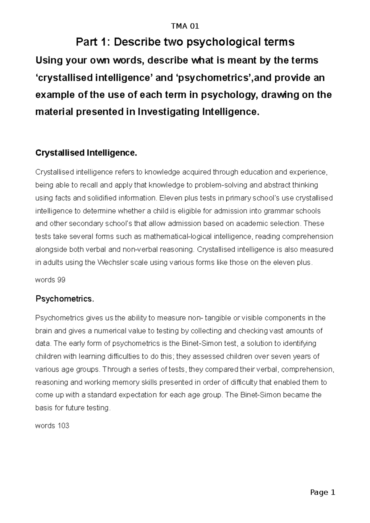 DE100 TMA01 Investigating Psychology 1 - TMA 01 Part 1: Describe Two ...