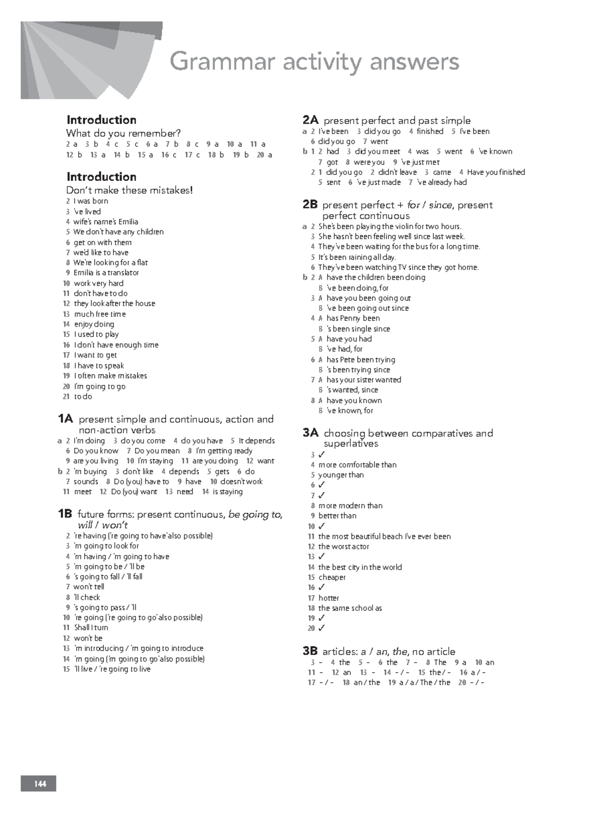 07 B1 Extra Grammar KEY - 144 Grammar Activity Answers 2A Present ...