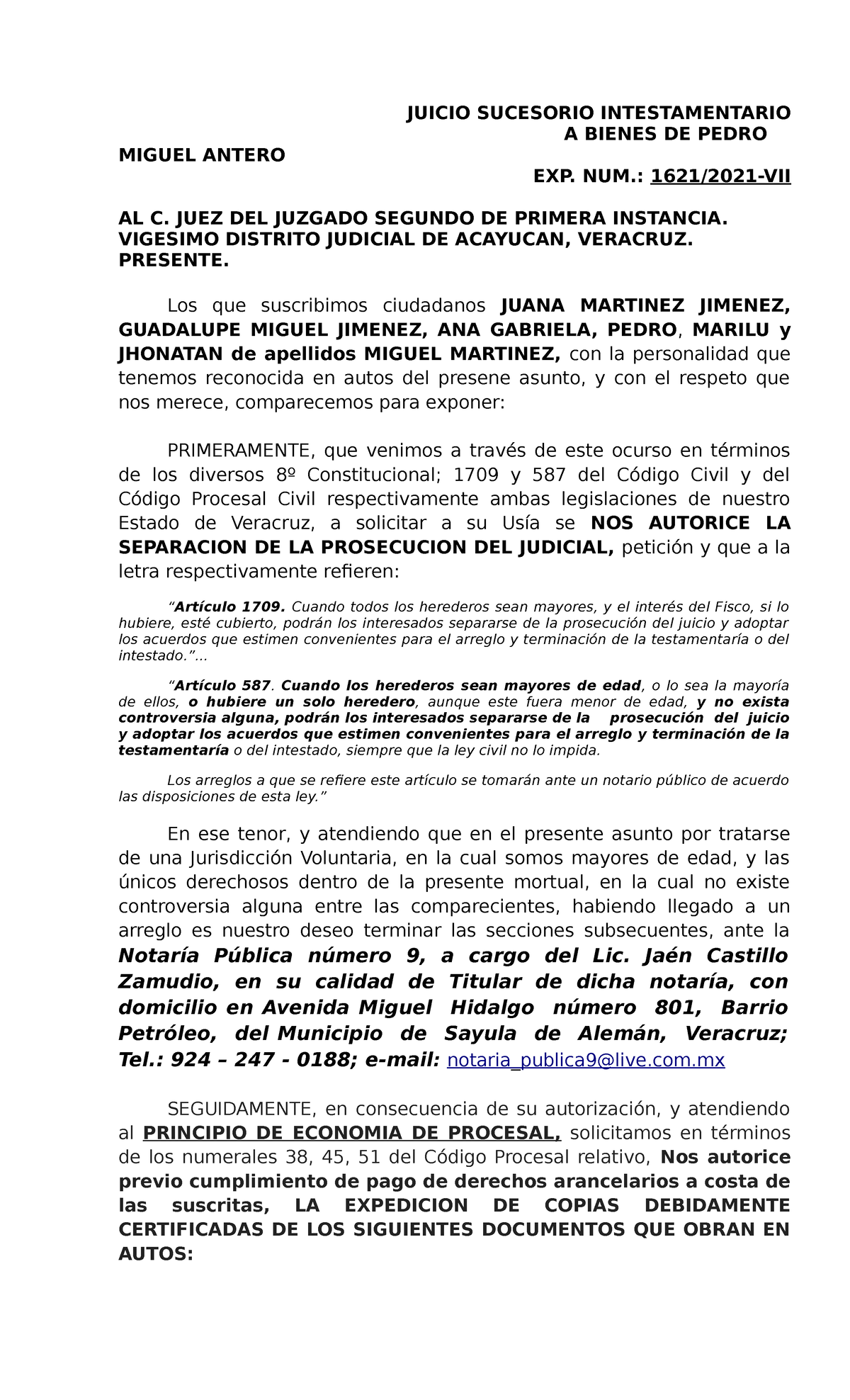 Solicitud Separacion Juicio Y Peticion Documentos Certicados JUICIO SUCESORIO INTESTAMENTARIO