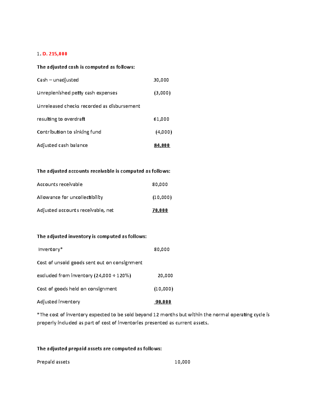 Acctg 5 AT1 - Assessment Tasks - 1. D. 215, The Adjusted Cash Is ...