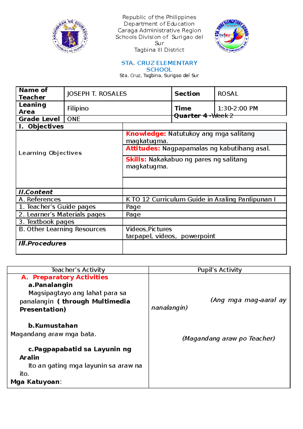Detailed Lesson PLAN IN Filipino-Quarter 3-Week 2 - Name of Teacher ...