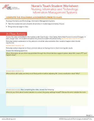 ATI Nurses Touch Student Worksheet Nursing Informatics and Technology ...