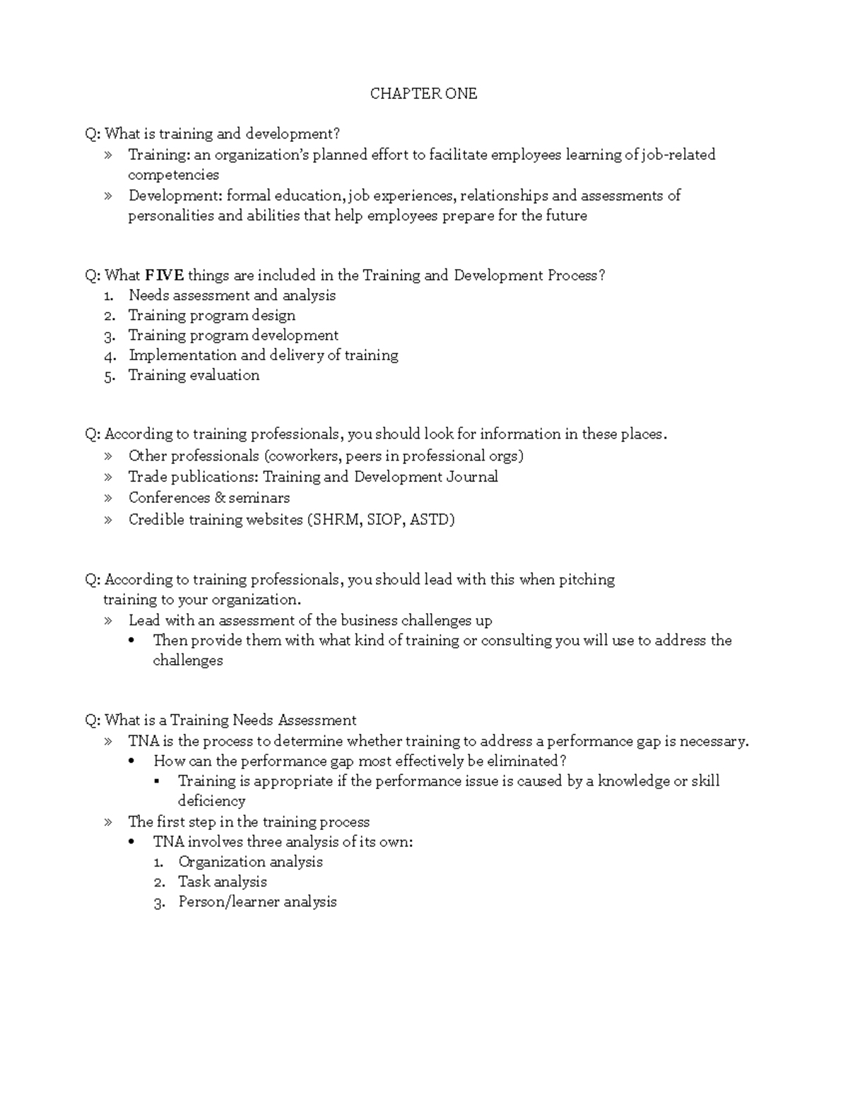 MG 345 Midterm Notes - CHAPTER ONE Q: What is training and development ...