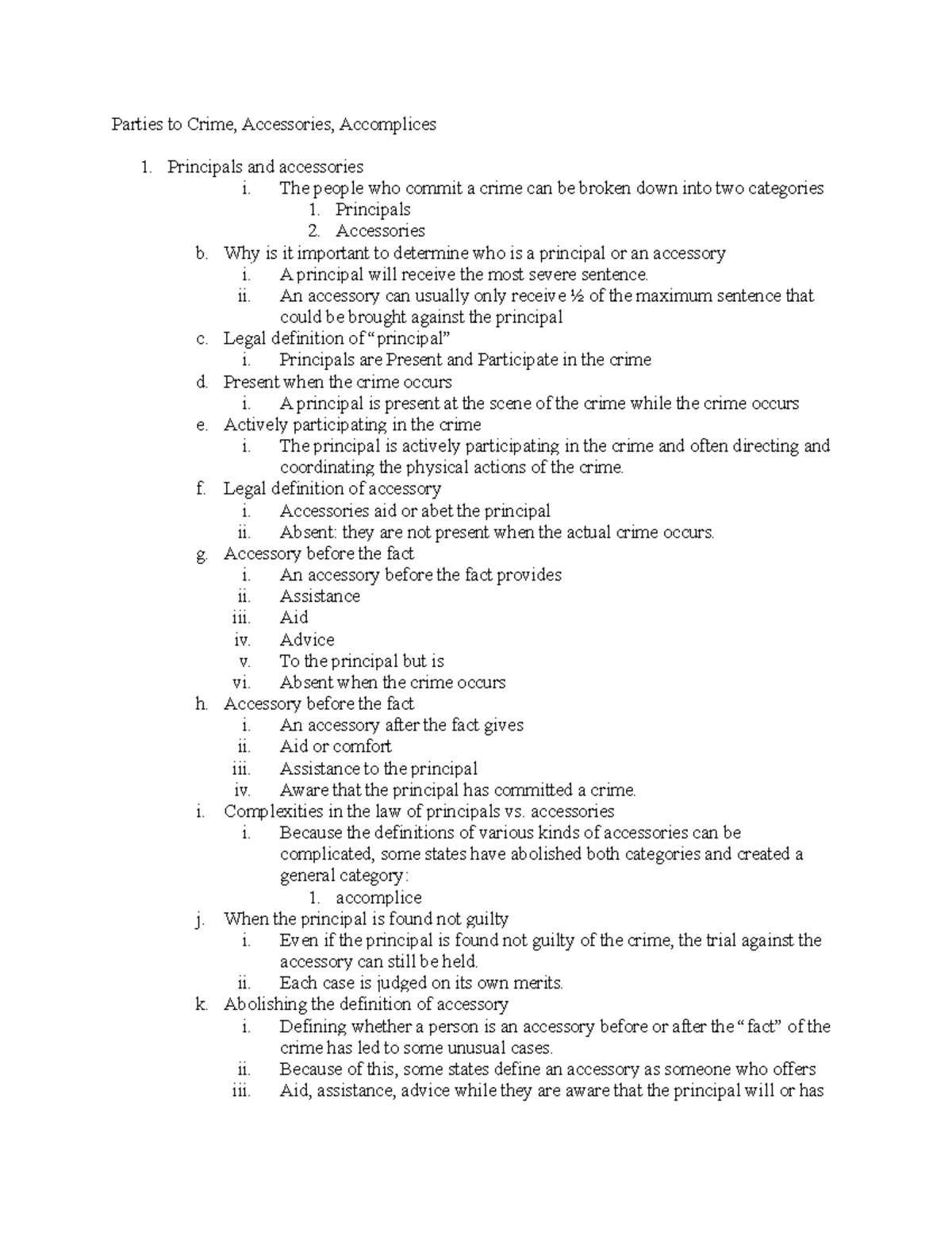 Chapter 4 class notes Parties to Crime, Accessories, Principals and accessories