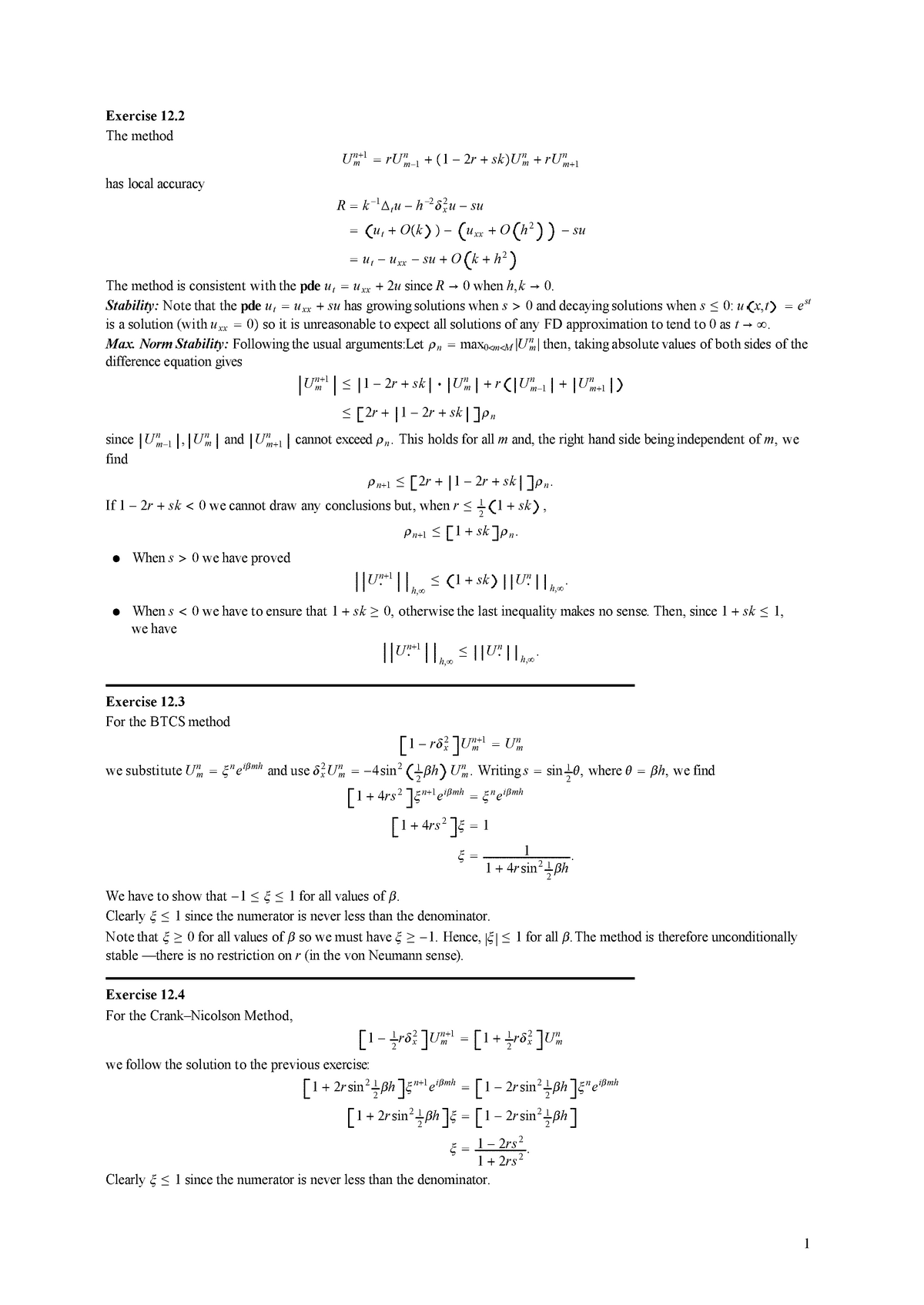 Solutions to Chapter 12 - Exercise12. Themethod Umn + 1 = rUmn? 1 +› 1 ...