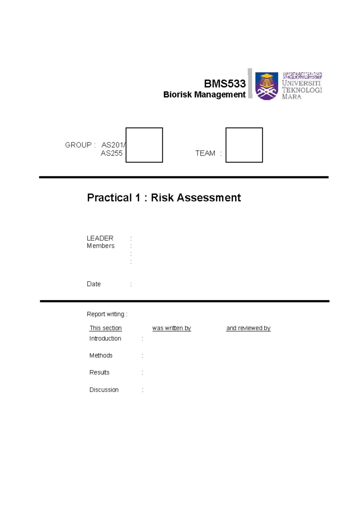 Bms533 bms GROUP AS201/ AS255 TEAM Practical 1 Risk