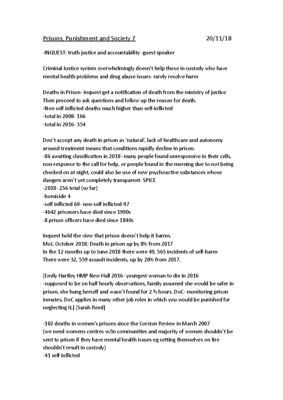 Prisons week 7 notes - Prisons, Punishment and Society 7 20/11 ...