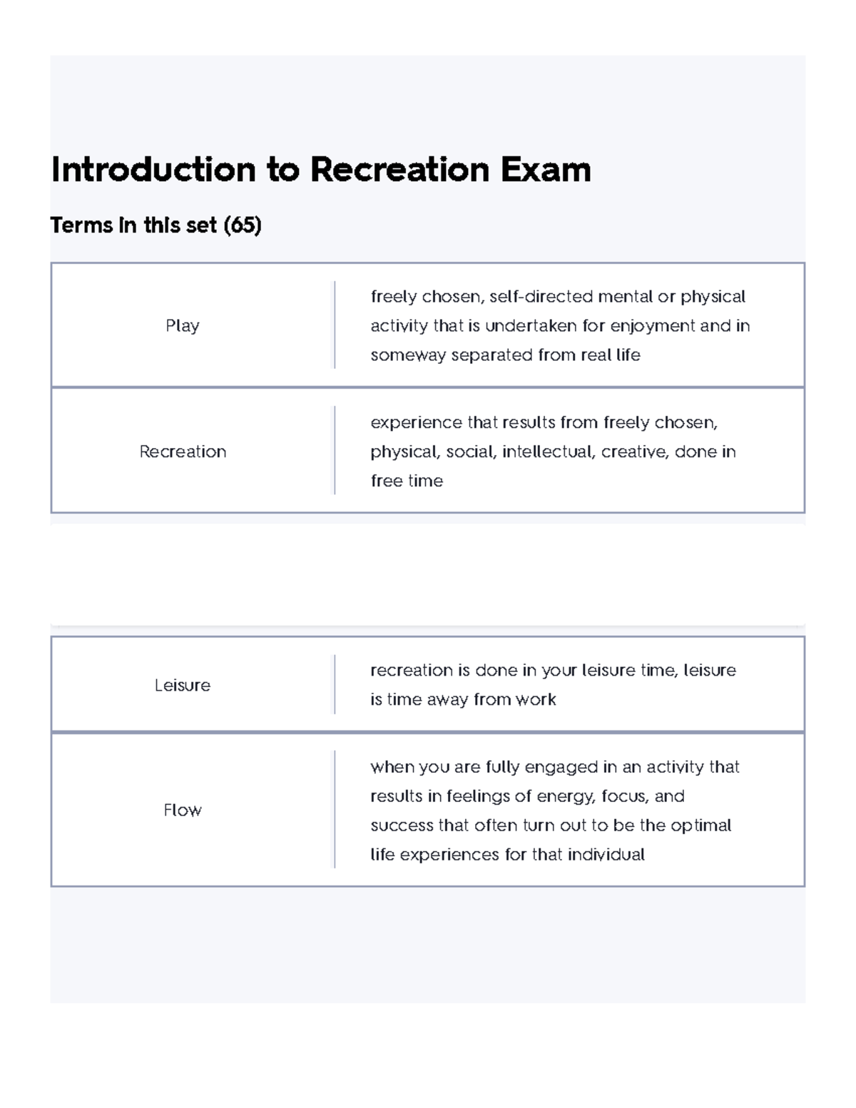 Introduction to Recreation Exam Flashcards Quizlet Introduction to