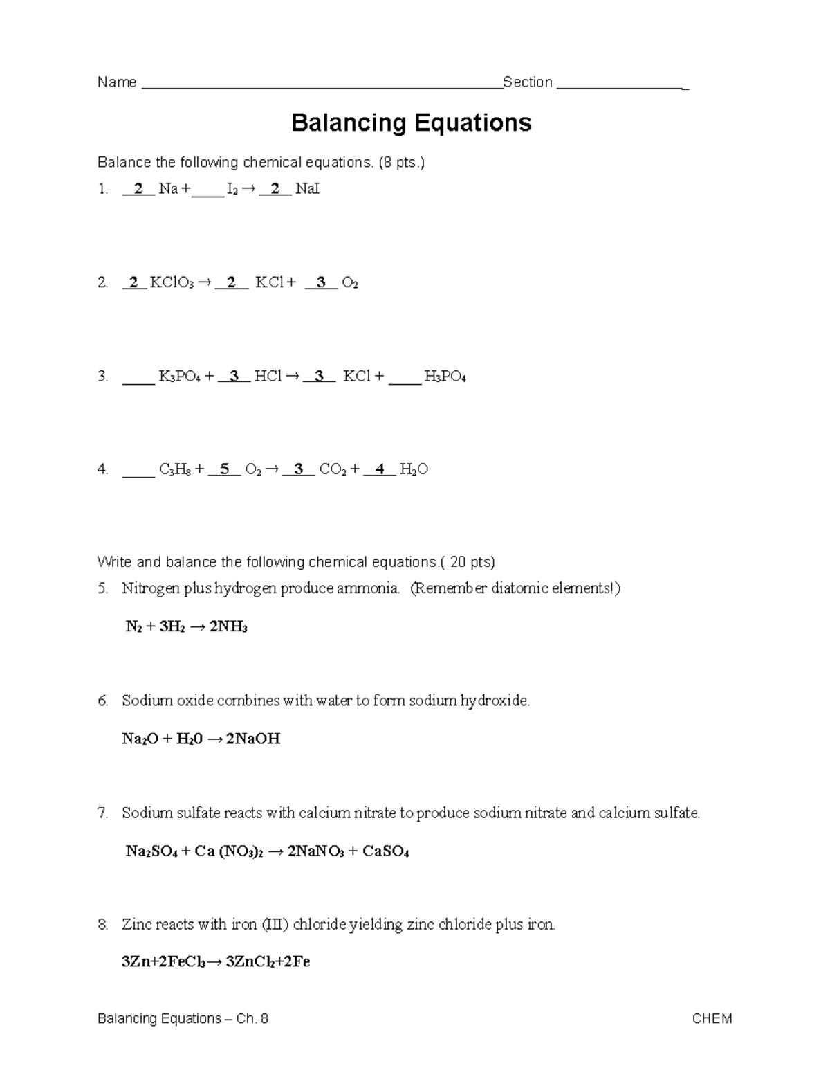 Chemical Equation - Name Balancing Equations Section _ Balance the ...